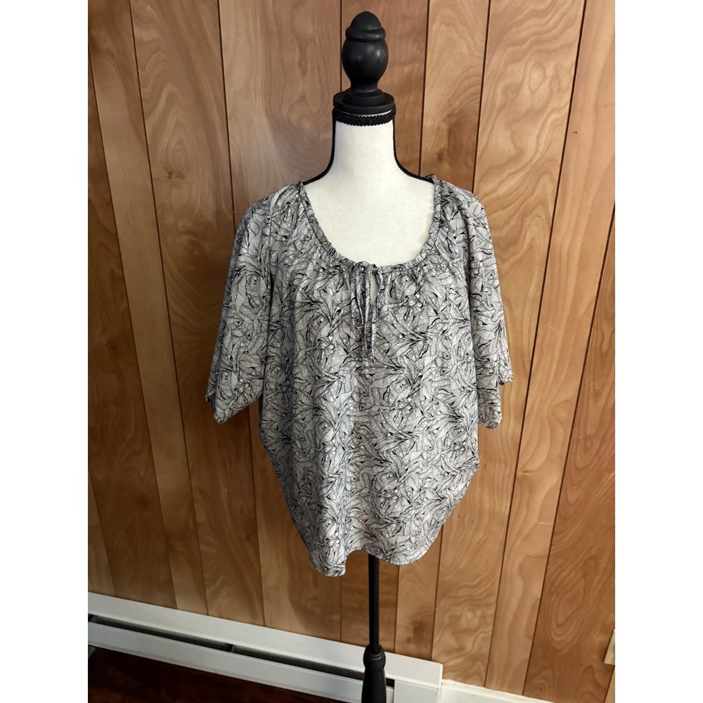 LOFT Womens‎ Small Black White Leaf Print Tie Neck Keyhole Blouse Top